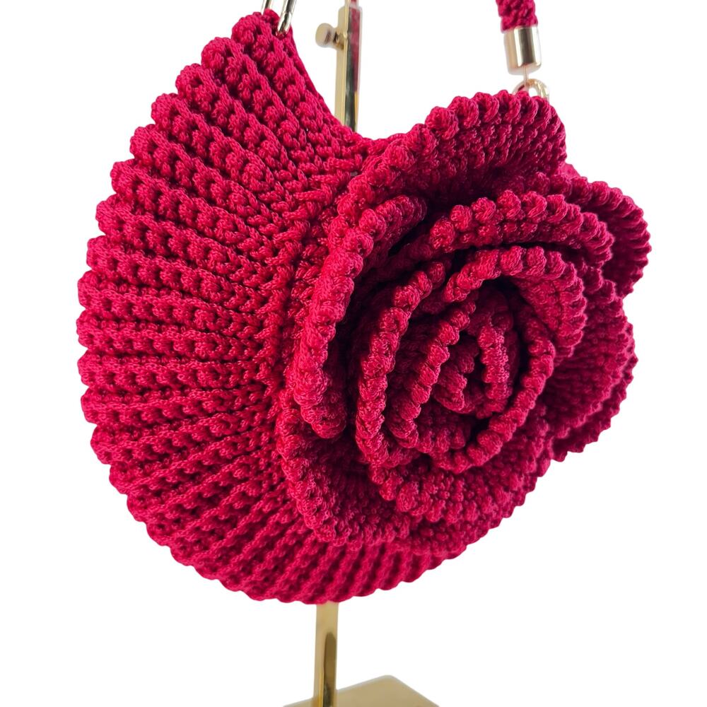 Handmade Red Crochet Floral Shoulder Bag Boho Cottagecore Knit statement purse - Picture 5 of 12